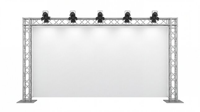 Metal stage truss system holding large blank white screen with overhead spotlight equipment for corporate promotional events on white background