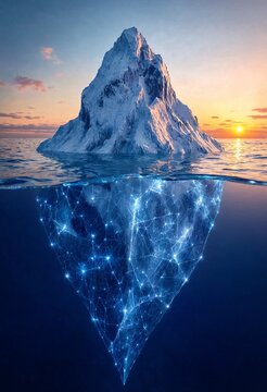 Conceptual digital iceberg emerging from a calm ocean, combining realistic frozen peaks with a glowing neural network beneath water, symbolizing hidden technology, data, and complexity.