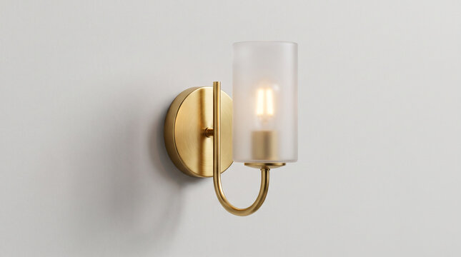 Modern brass wall sconce light fixture with a frosted glass cylindrical shade on a white wall.