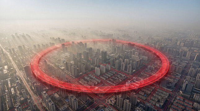 Aerial view of urban city skyline surrounded by glowing red alert ring during pm2.5 air pollution haze