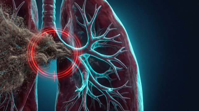 3d render of anatomical lung model with pm2.5 dust particles attack and targeting red rings