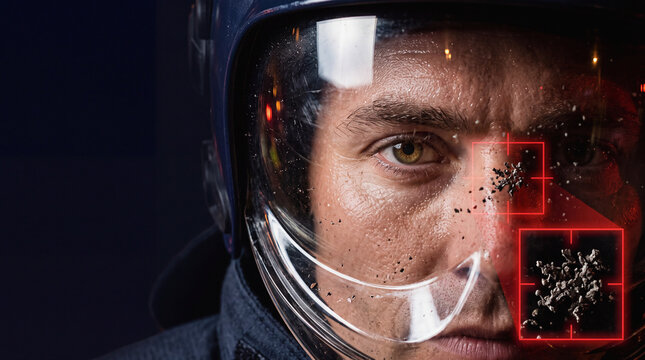 Astronaut helmet visor close up with pm2.5 dust particles striking surface and targeting reticle