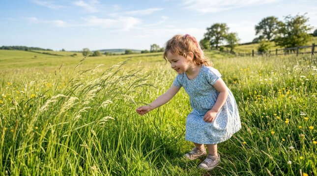 sweet little girl touching fresh tall grass in green meadow