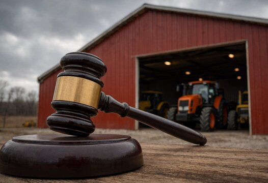 Judge's gavel resting on wood with a red barn and tractors behind, symbolizing agricultural law, farm regulations, rural legal disputes, and justice.