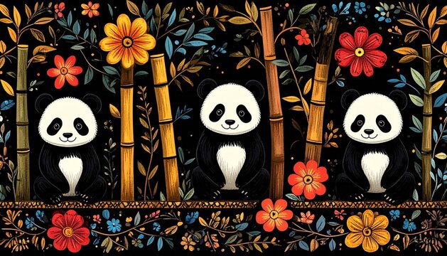 Panda, Bamboo and Botanical Batik Pattern in Vibrant Colors