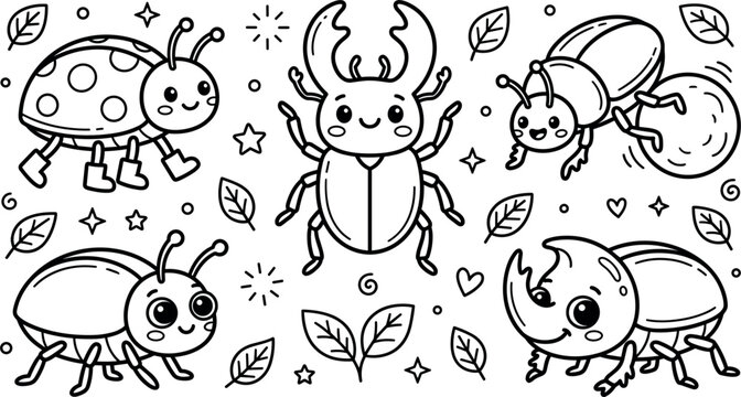 PrintCute Kawaii Insects and Beetles Vector Set with Ladybug, Stag Beetle, and Leaves for Kids Coloring Books and Prints