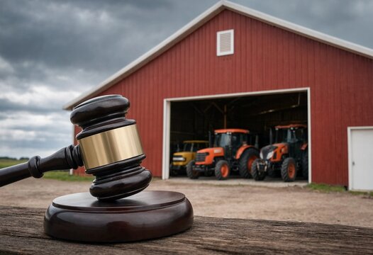 Judge's gavel resting on wood with a red barn and tractors behind, symbolizing agricultural law, farm regulations, rural legal disputes, and justice.