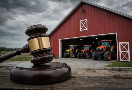 Judge's gavel resting on wood with a red barn and tractors behind, symbolizing agricultural law, farm regulations, rural legal disputes, and justice.