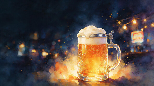 Glowing Watercolor Beer Mug at Night with Festive Bokeh Lights