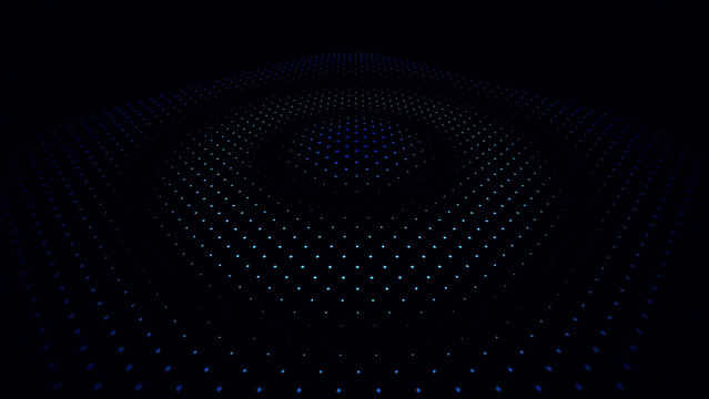 Isometric blue particle grid with radial wave distortion effect, dark futuristic tech background