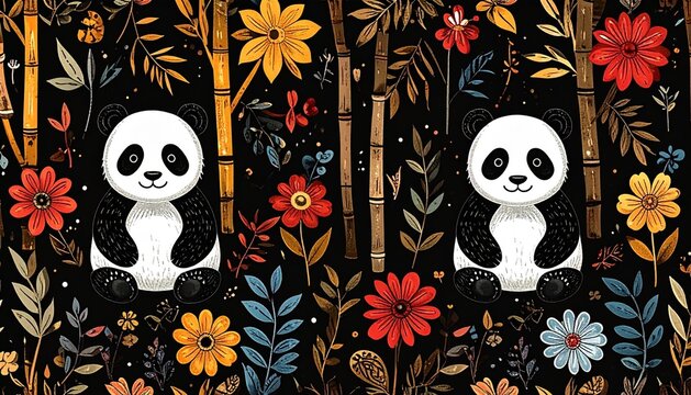 Panda, Bamboo and Botanical Batik Pattern in Vibrant Colors