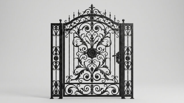 Modern garden gate made of vertical wooden planks and black metal frame isolated on beige background.