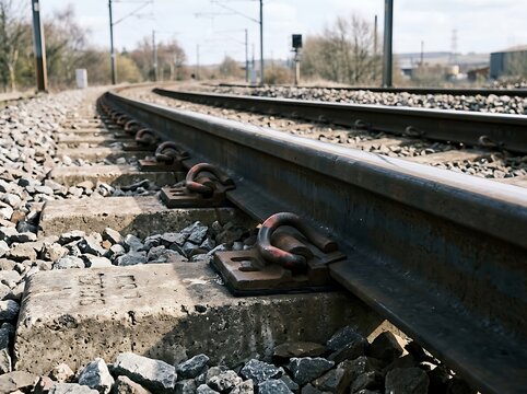 Close up of curved steel railway tracks with concrete sleepers and gravel ballast on sunny day