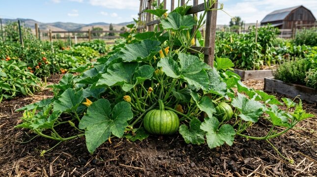 fresh green pumpkin plant growing healthy in organic farm soil