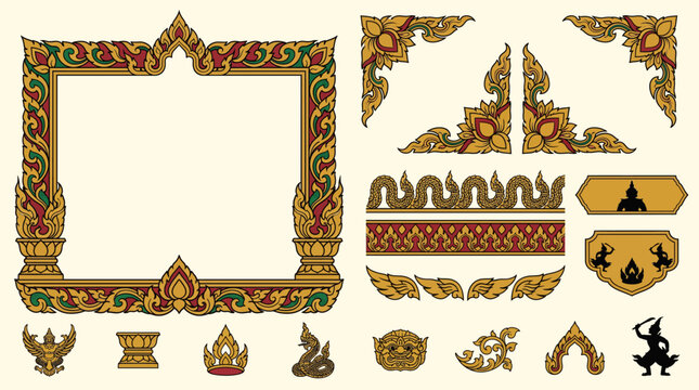 Thai Temple Ornamental Frame Border Decorative Set