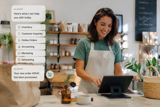 Female retail store owner using digital tablet with artificial intelligence agent interface overlay representing smart business management