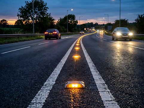Illuminated road studs on a highway asphalt lane at sunset with traffic