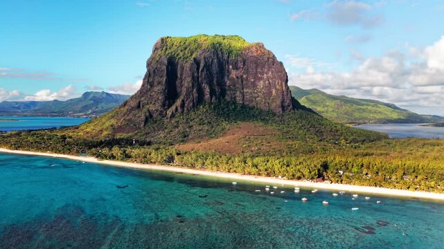 Aerial view of Le Morne Brabant mountain, beach and turquoise lagoon in Mauritius