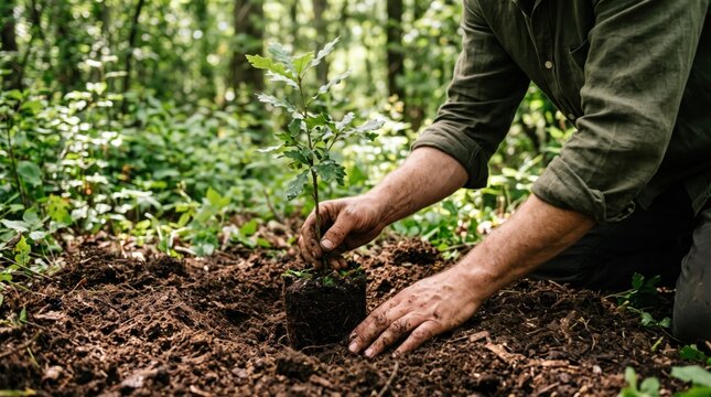 of hands planting a young sapling tree in fertile soil, reforestation and environmental conservation, sustainable ecology, nature protection, gardening activity, green earth