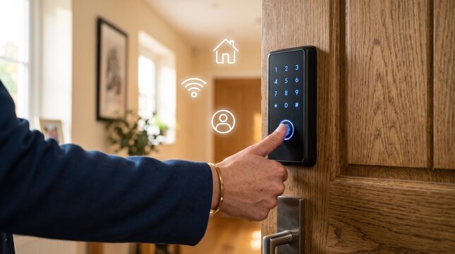 Person using smart fingerprint door lock keypad for home security access control, modern house automation system, wireless technology icon overlay, safe living environment