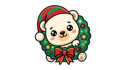 Fototapeta premium Cute cartoon polar bear wearing a festive Christmas hat inside a decorated holiday wreath.