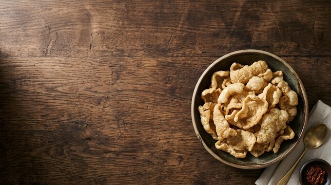 Crispy pork rinds served in a ceramic bowl placed upon a rustic dark wooden surface as a delicious savory snack ready for sharing with friends during a casual gathering in a cozy home environment