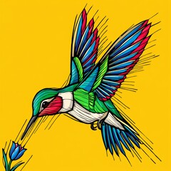 Naklejka premium Vibrant Hummingbird Feeding on Blue Flower