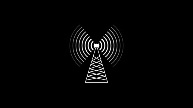 Wireless signal tower icon with expanding radio waves on black background 4k, seamless communication technology animation