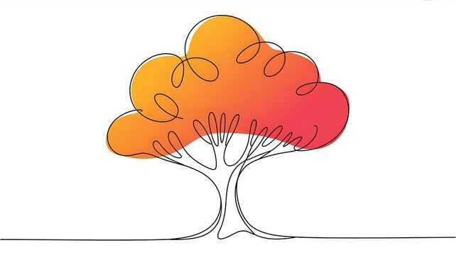 Continuous one line drawing of a colorful autumn tree