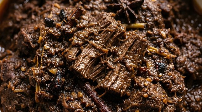 Aromatic slow cooked beef rendang simmered in thick coconut milk and traditional spices for a rich savory flavor profile suitable for authentic culinary menus and festive dining table