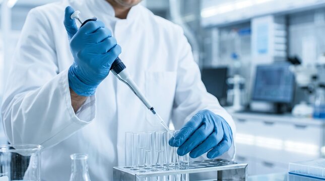 Dedicated researcher wearing blue latex gloves utilizes a precise micropipette to transfer clear liquid into multiple sterile glass test tubes