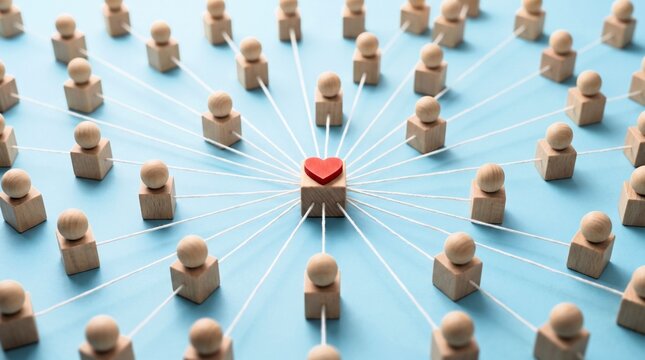Wooden blocks with spherical heads arranged in a radial network pattern around one central cube topped with red heart