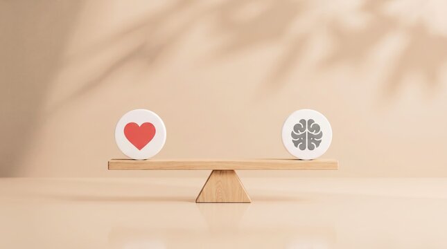 Wooden balance scale showing a red heart icon and a grey brain symbol in perfect harmony on soft beige surface