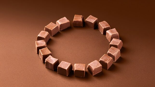 A circular composition where foolproof chocolate fudge pieces form a complete ring around empty center copy space designed for commercial branding