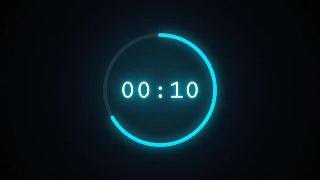 Neon countdown timer 15 seconds with blue to red glowing circle on dark background. Modern digital countdown clock animation with glowing neon ring and color change