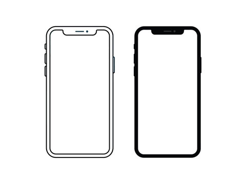vector smartphone outline template two modern mobile phone frames in clean minimal line art, suitable for device mockups, interface design, app presentations, and technology concepts.