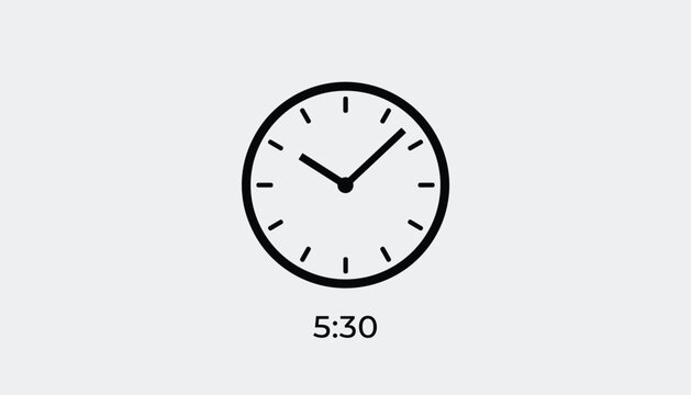 Simple analogue wall clock icon showing five thirty with text time indicator on light grey background.