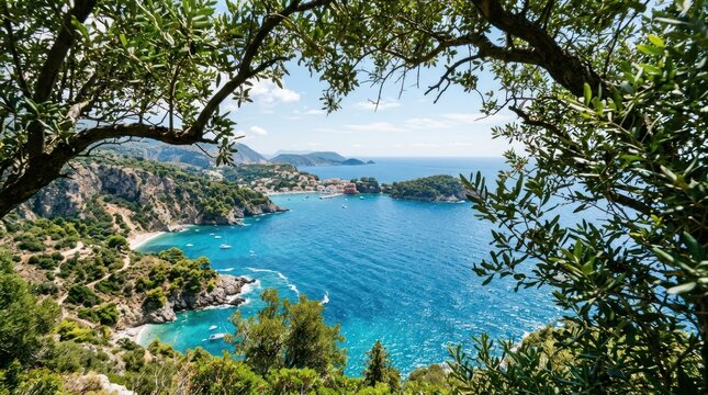 scenic view of blue sea seen through green tree branches