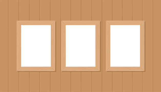 Three empty wooden picture frames hanging in a row on a rustic brown vertical wood plank wall background.