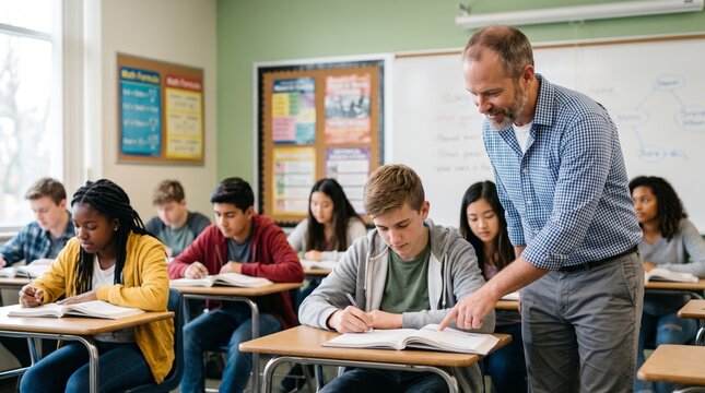 Middle aged teacher helps a teenage student with classwork as diverse classmates study in a modern classroom