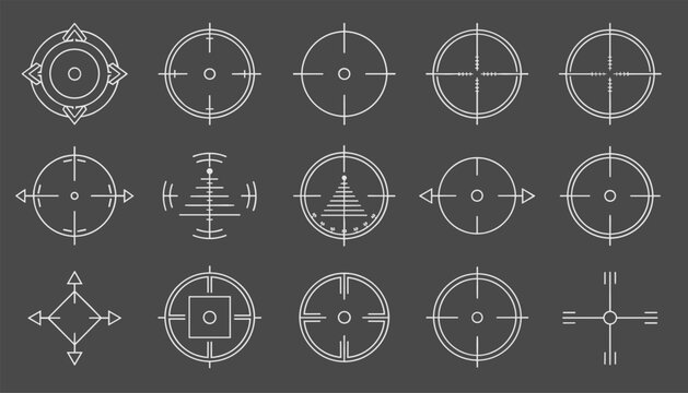 Collection of white line target scope reticle vectors representing crosshairs and aiming sights on a solid dark grey background.