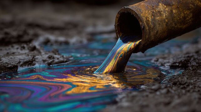 Toxic oil spilling from a rusty pipe onto contaminated soil outdoors. Environmental pollution concept for industrial disaster and ecological crisis.