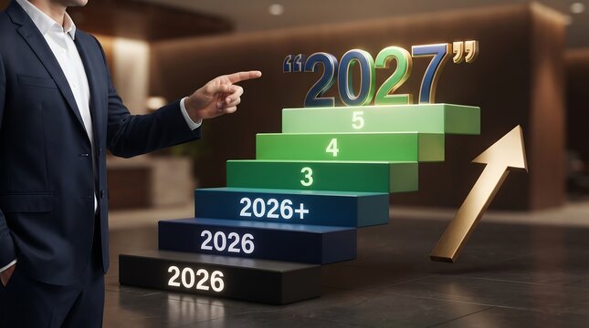 A businessman pointing at a digital staircase showing annual growth progress from year twenty twenty six to twenty twenty seven