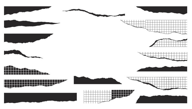 Torn paper edges with black blocks and grid paper patterns showing realistic ripped texture outlines on a white background.