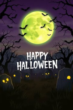 Spooky Happy Halloween Graveyard Poster with Glowing Full Moon and Bats