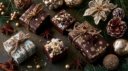 Fototapeta premium A holiday gift composition featuring foolproof chocolate fudge packaged in festive boxes surrounded by decorative seasonal elements