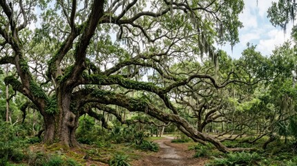 Fototapeta premium wide panoramic view of majestic sprawling angel oak tree branches