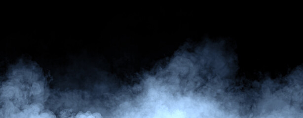 Fototapeta premium Panoramic blue fog mist texture overlays. Abstract smoke isolated background for effect, text or copy space . Stock illustration.