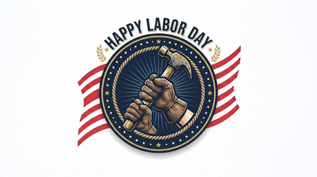 Strong hand holding hammer inside circle badge with American flag wings for labor day celebration