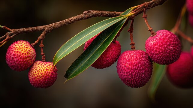 Fresh ripe lychee fruits hanging on a tree branch with green leaves against a dark background. Excellent for agriculture and healthy food concepts.